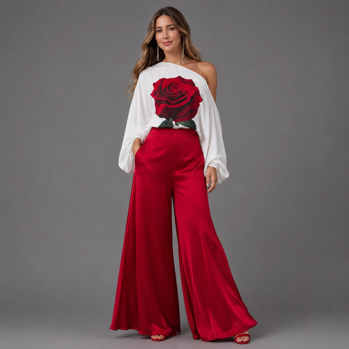 Damen Set Emma – Bluse mit Rosendruck und Palazzohose