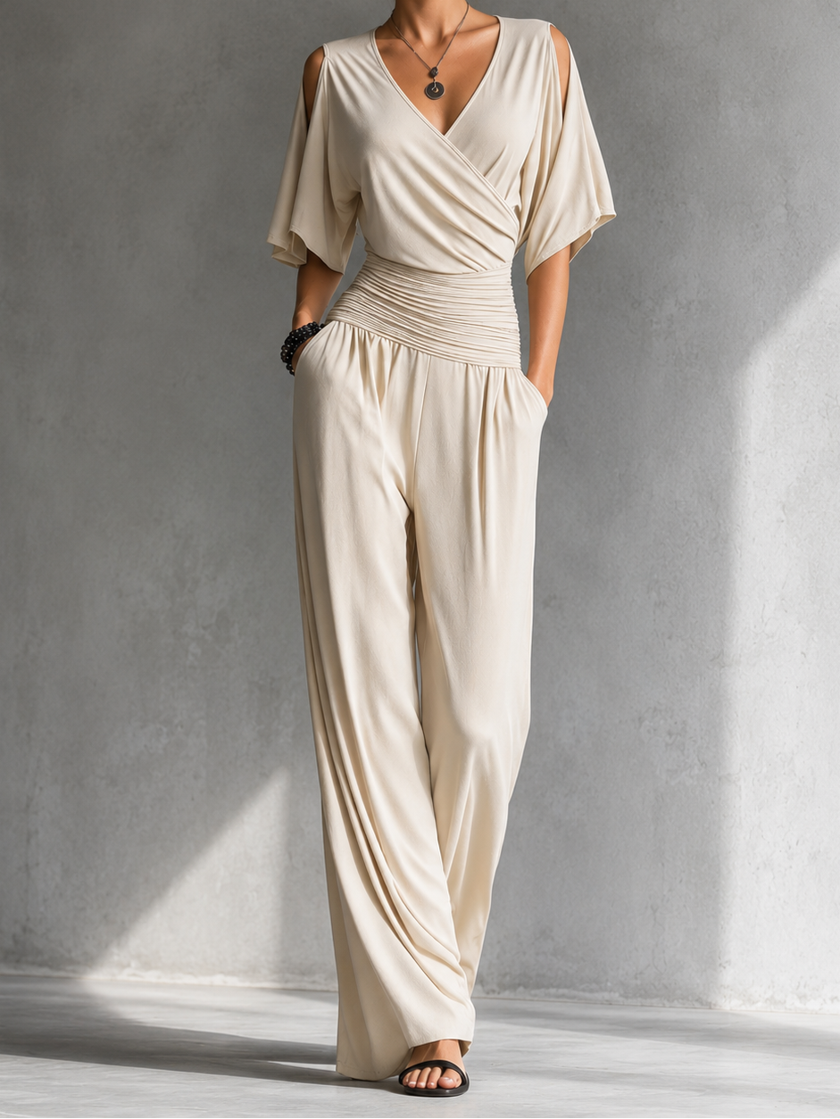 Damen Jumpsuit Emma – Wickelausschnitt, Taillenbund, weites Bein