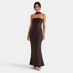 Damen Satin-Abendkleid lang Elena – Spitzendetails, elegant