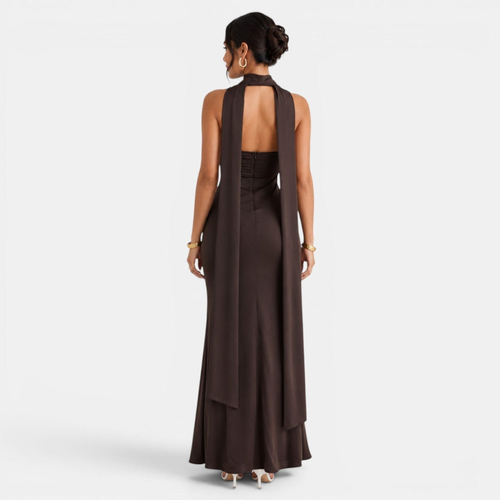 Damen Satin-Abendkleid lang Elena – Spitzendetails, elegant