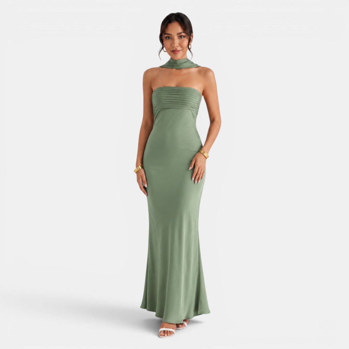 Damen Satin-Abendkleid lang Elena – Spitzendetails, elegant