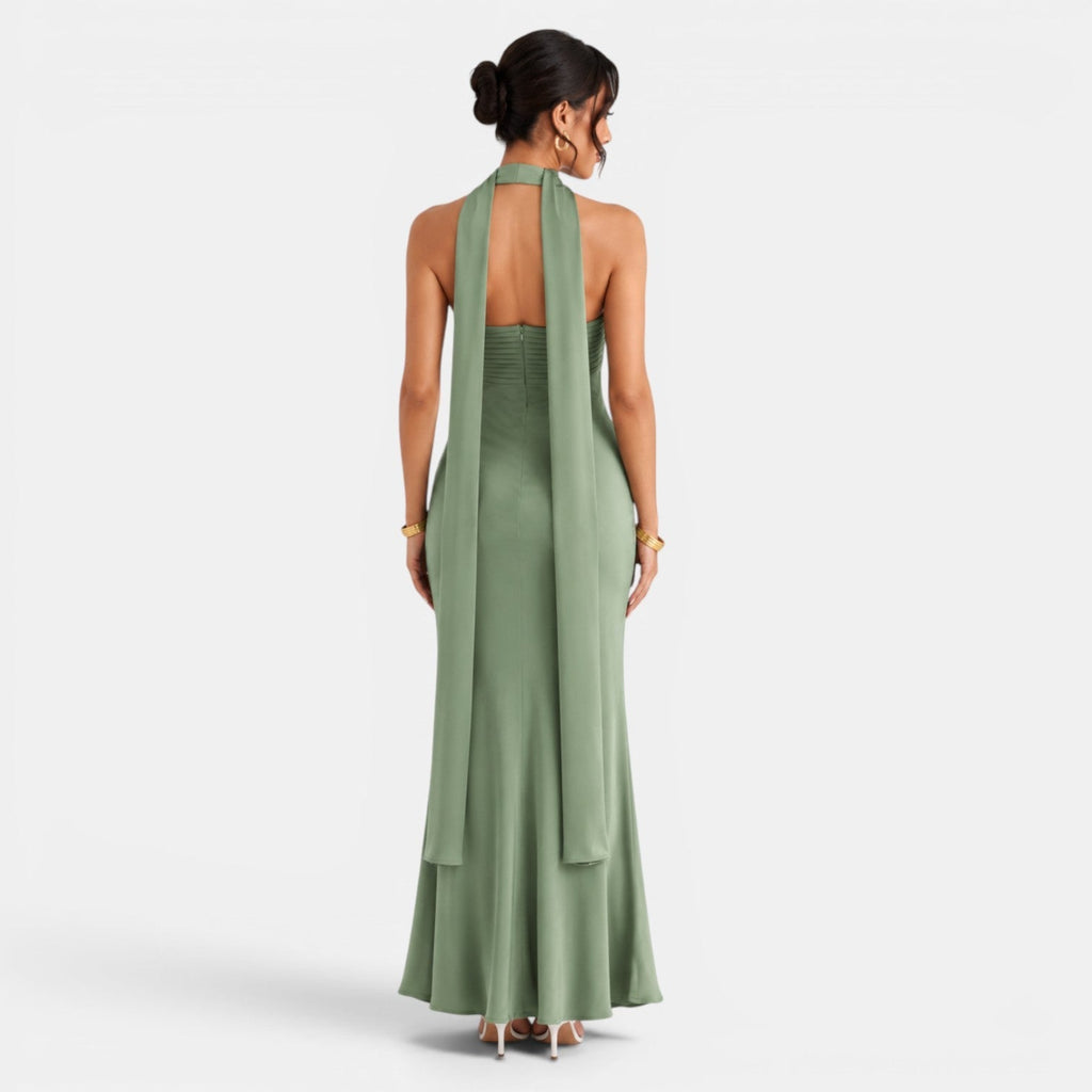 Damen Satin-Abendkleid lang Elena – Spitzendetails, elegant