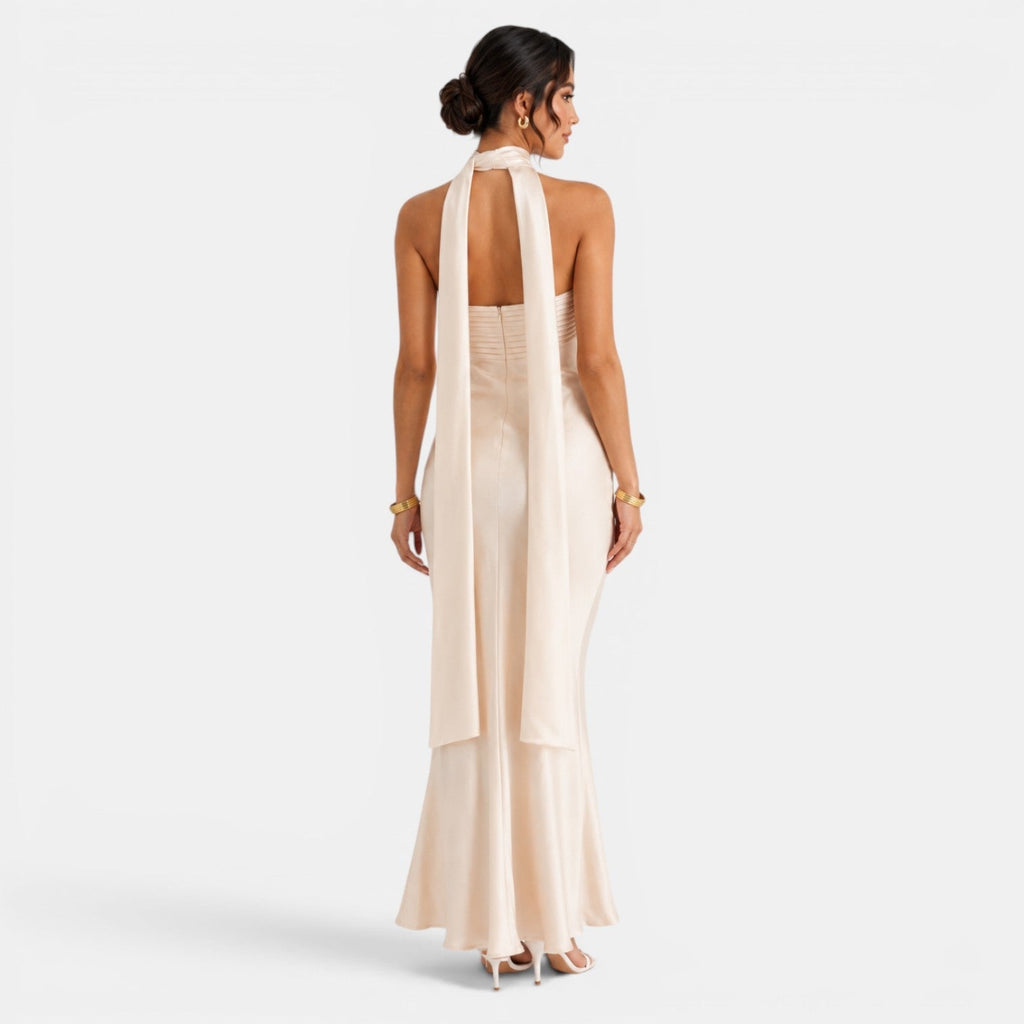 Damen Satin-Abendkleid lang Elena – Spitzendetails, elegant