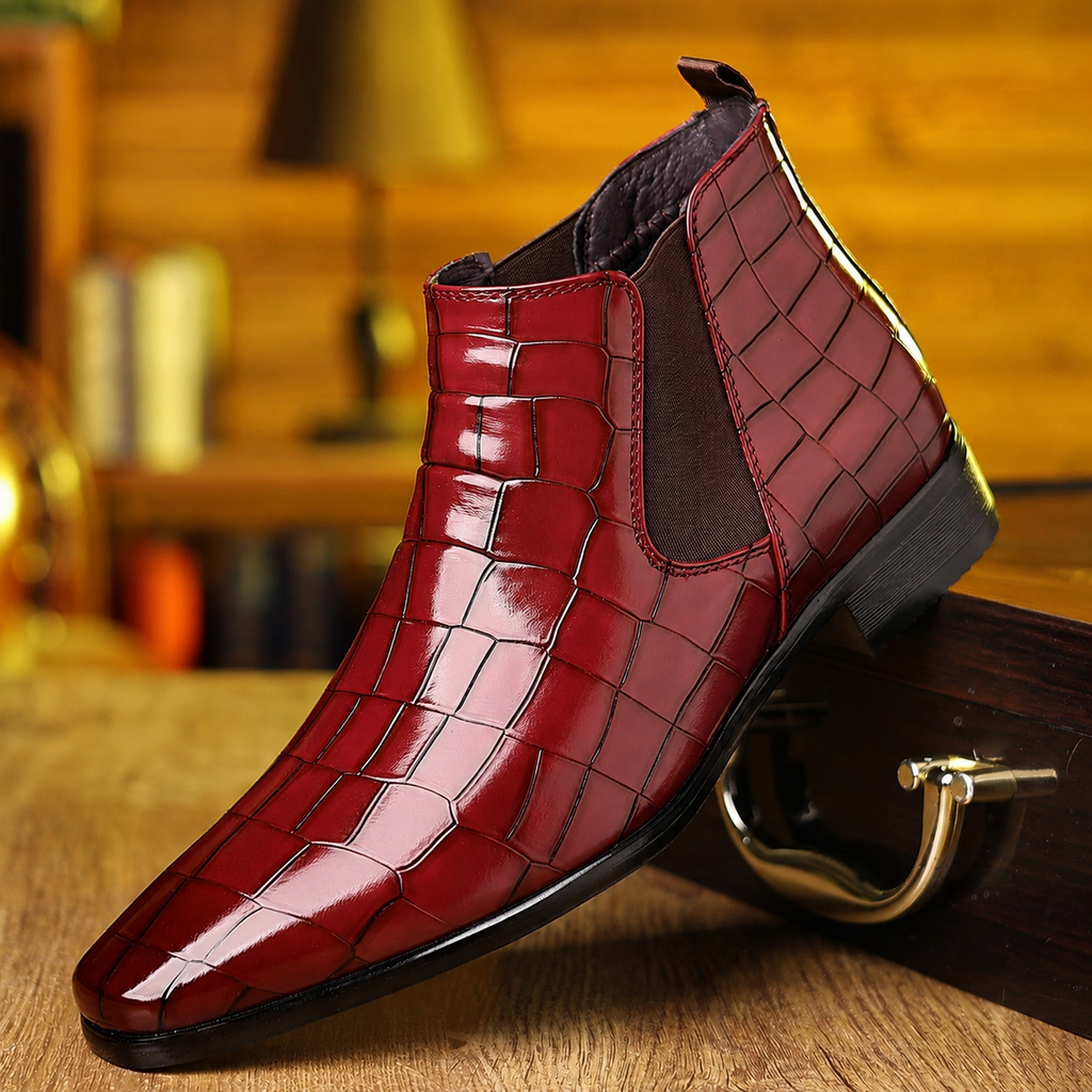Herren Chelsea Boots Felix – Echtleder mit Krokoprägung, Burgund