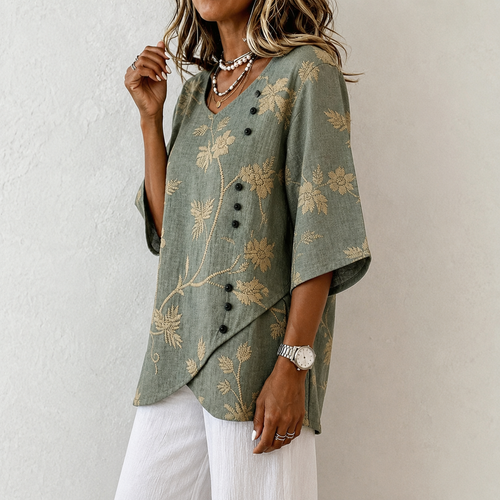 Damen Bluse Valentina – Blüten-Stickerei, 3/4-Ärmel, Grün