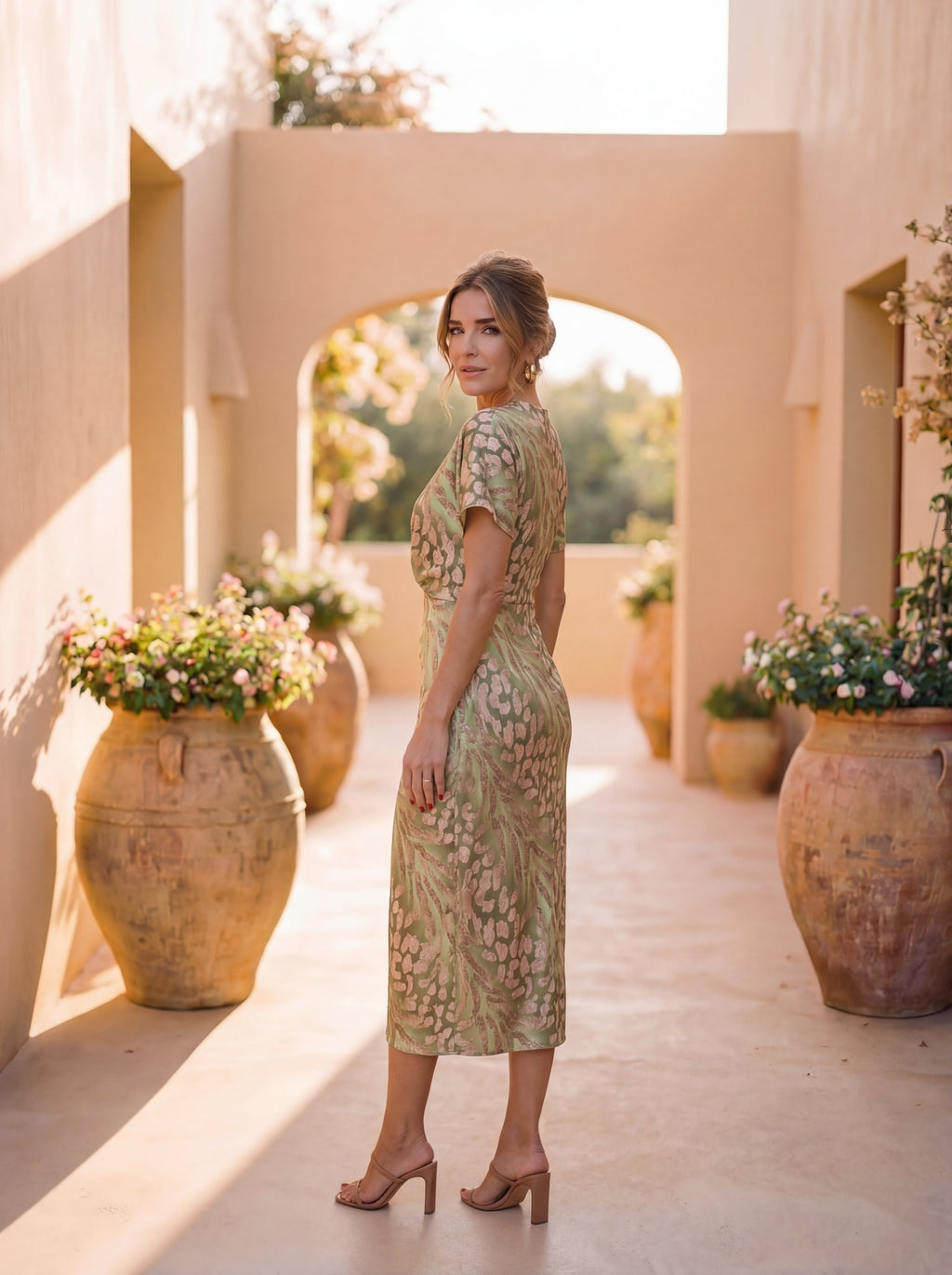 Damen Midikleid Emma – Kupfer, fließend, Schleifendetail