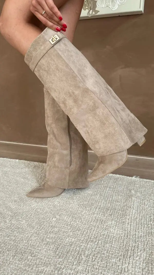 Damen Stiefel hoch Emma – Wildleder-Optik mit Goldbügel