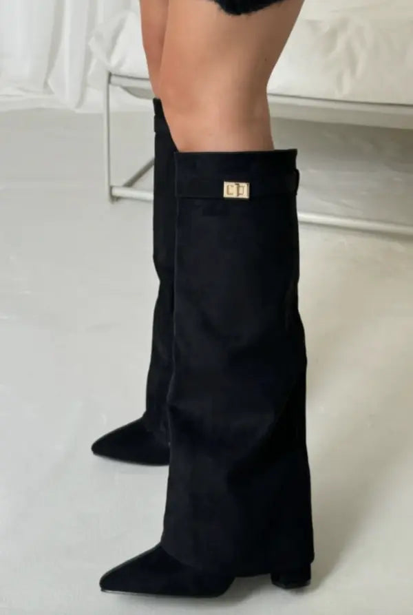 Damen Stiefel hoch Emma – Wildleder-Optik mit Goldbügel