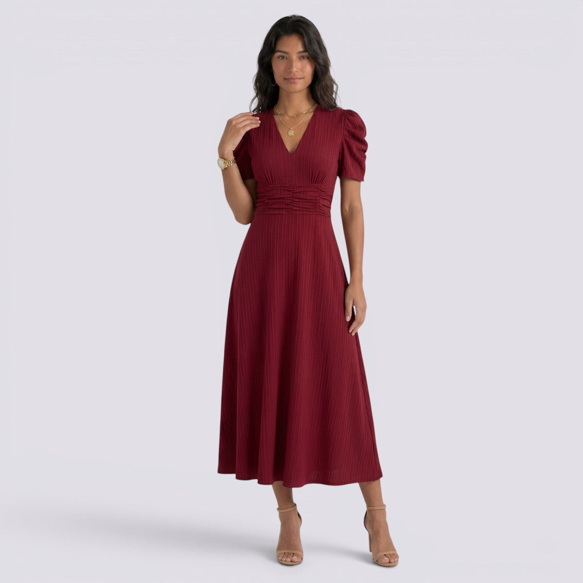 Damen Midi-Kleid Emma – V-Ausschnitt, Hochbund, Raffung
