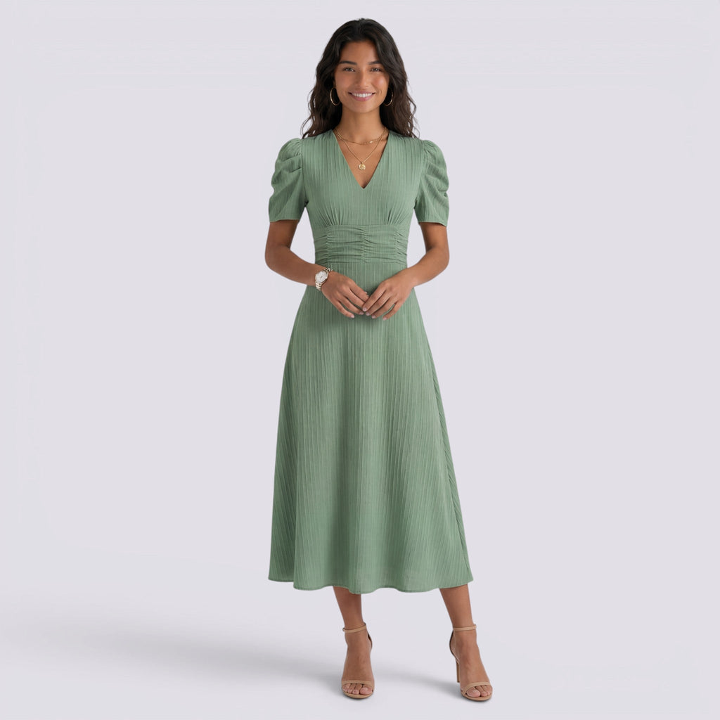 Damen Midi-Kleid Emma – V-Ausschnitt, Hochbund, Raffung