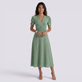 Damen Midi-Kleid Emma – V-Ausschnitt, Hochbund, Raffung