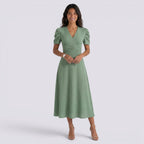 Damen Midi-Kleid Emma – V-Ausschnitt, Hochbund, Raffung
