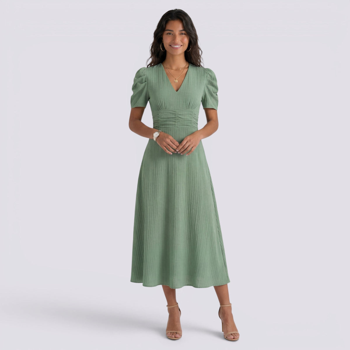 Damen Midi-Kleid Emma – V-Ausschnitt, Hochbund, Raffung