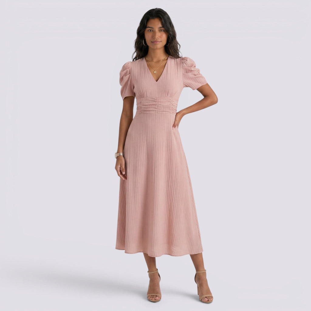 Damen Midi-Kleid Emma – V-Ausschnitt, Hochbund, Raffung