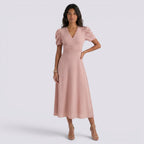 Damen Midi-Kleid Emma – V-Ausschnitt, Hochbund, Raffung