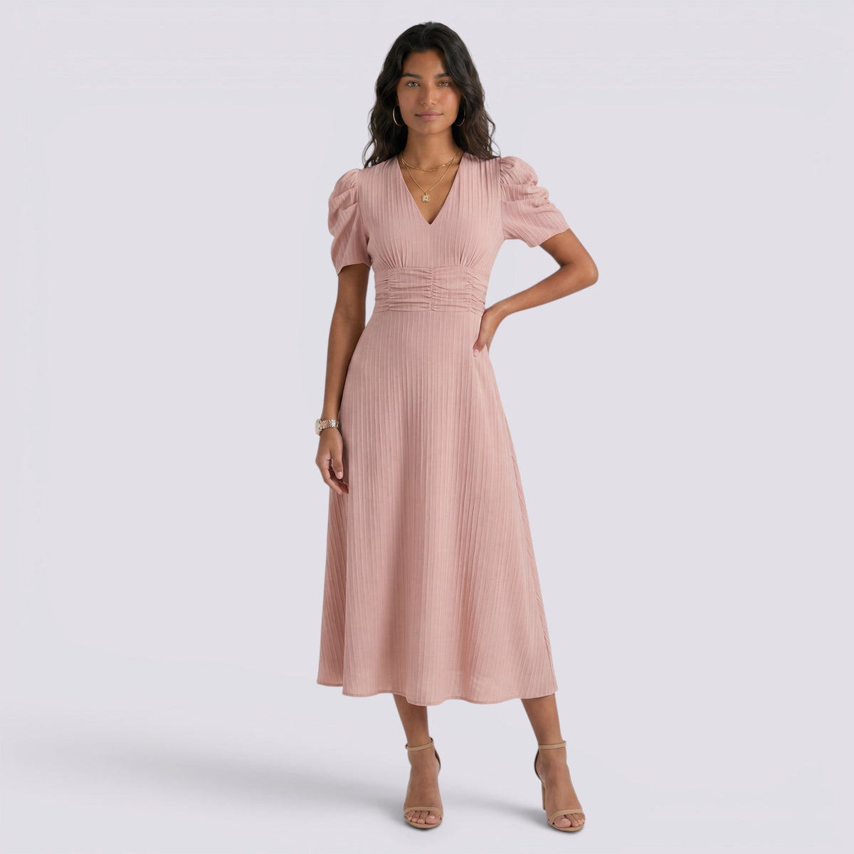 Damen Midi-Kleid Emma – V-Ausschnitt, Hochbund, Raffung
