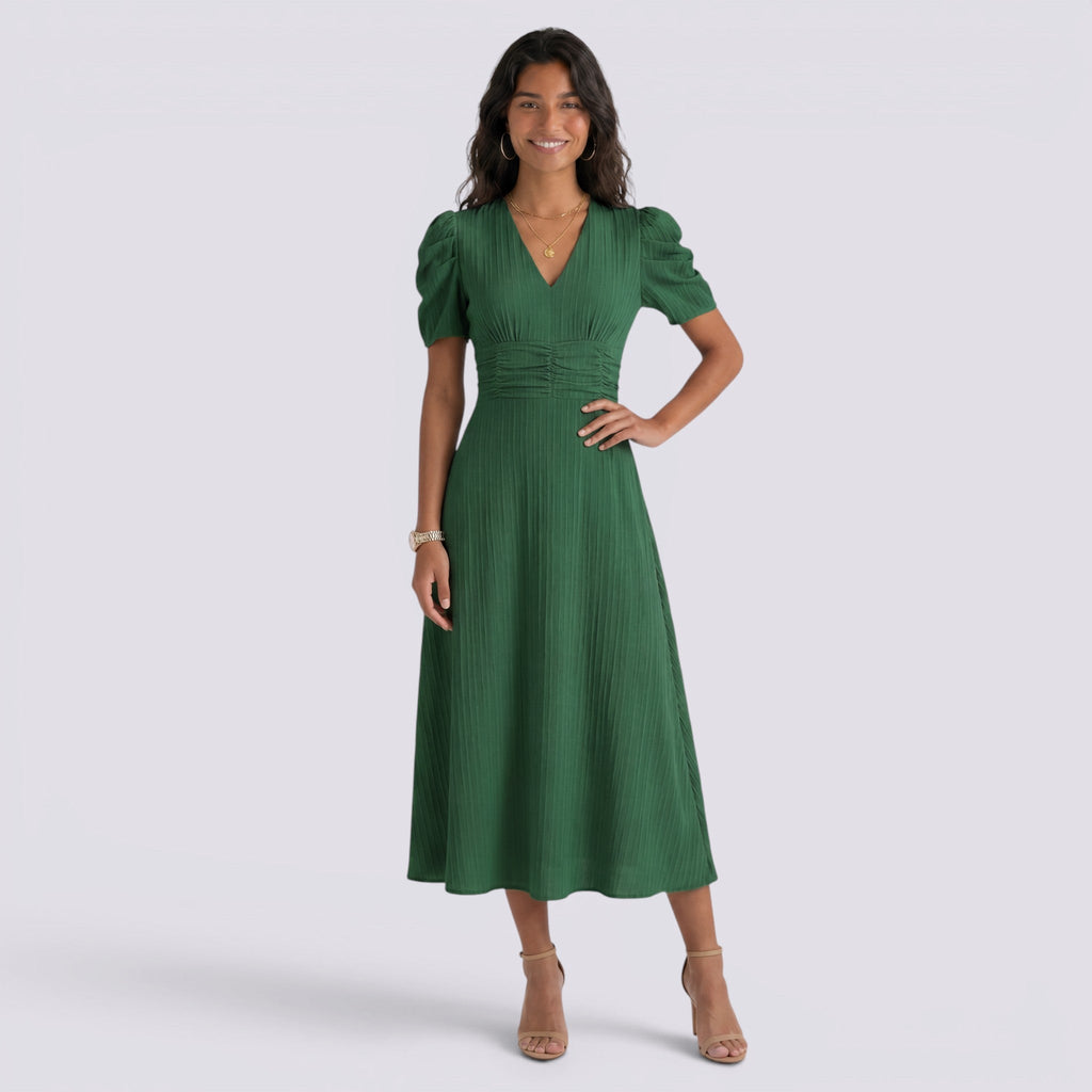 Damen Midi-Kleid Emma – V-Ausschnitt, Hochbund, Raffung
