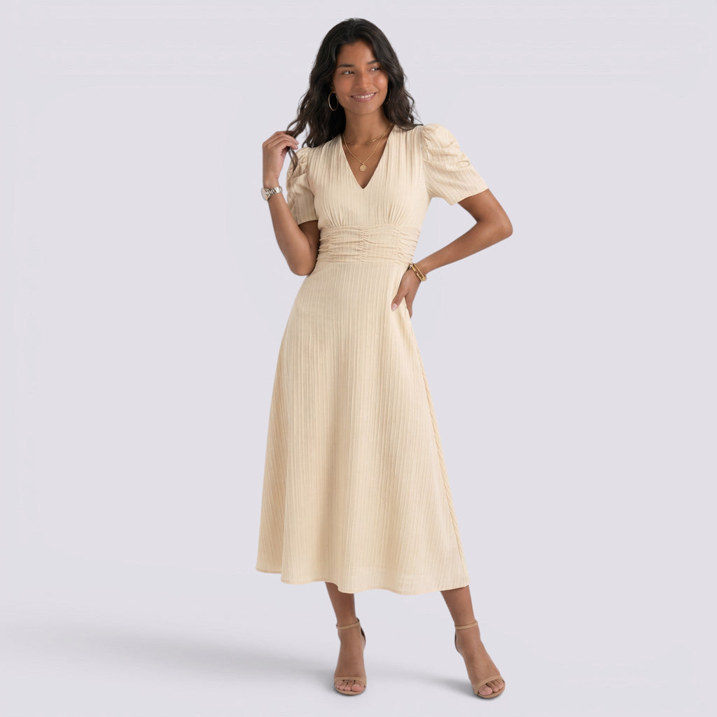 Damen Midi-Kleid Emma – V-Ausschnitt, Hochbund, Raffung