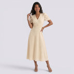 Damen Midi-Kleid Emma – V-Ausschnitt, Hochbund, Raffung