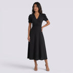 Damen Midi-Kleid Emma – V-Ausschnitt, Hochbund, Raffung
