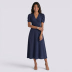 Damen Midi-Kleid Emma – V-Ausschnitt, Hochbund, Raffung