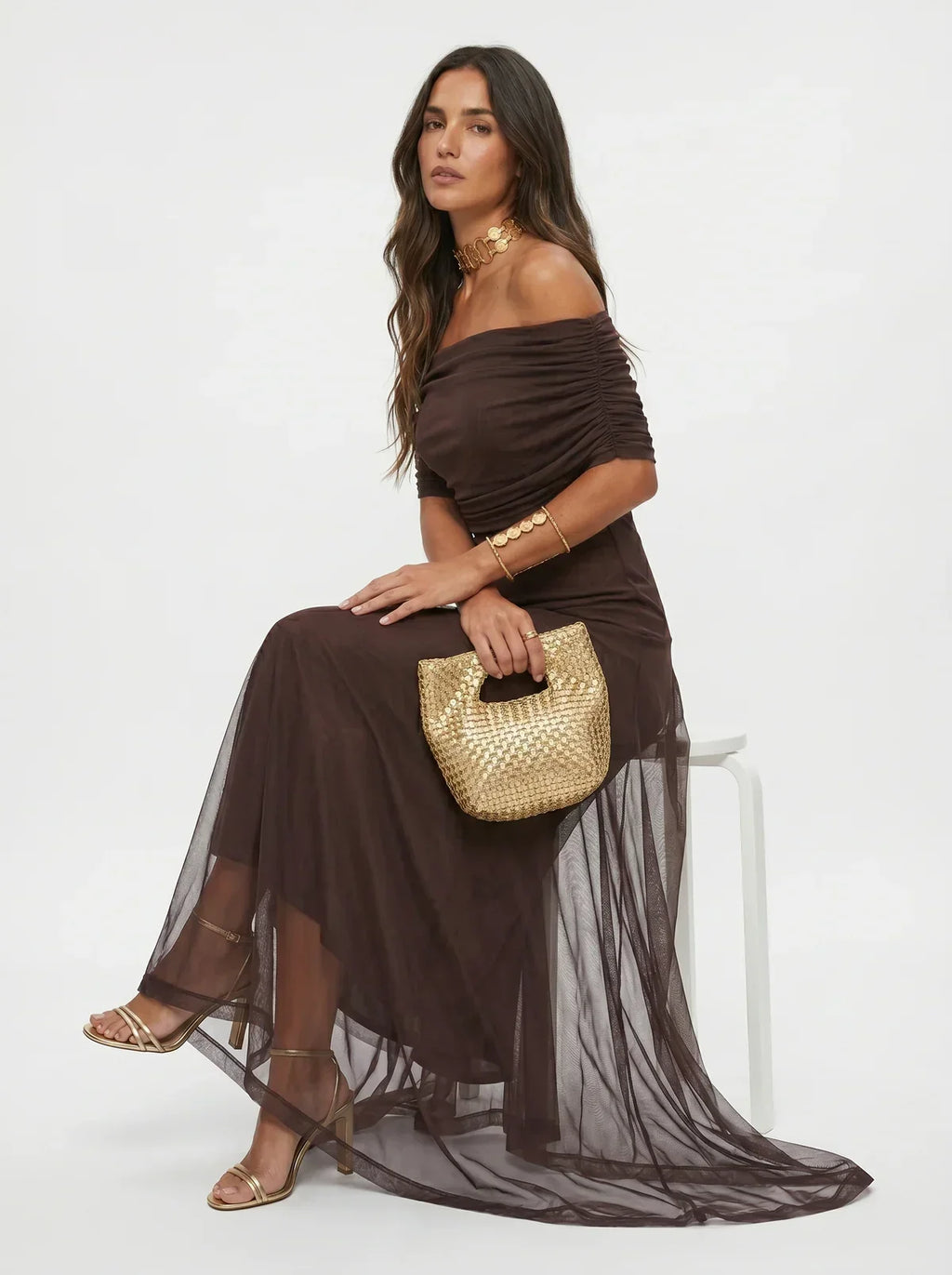 Damen Langkleid Lina – Drapierung, schulterfreier Ausschnitt