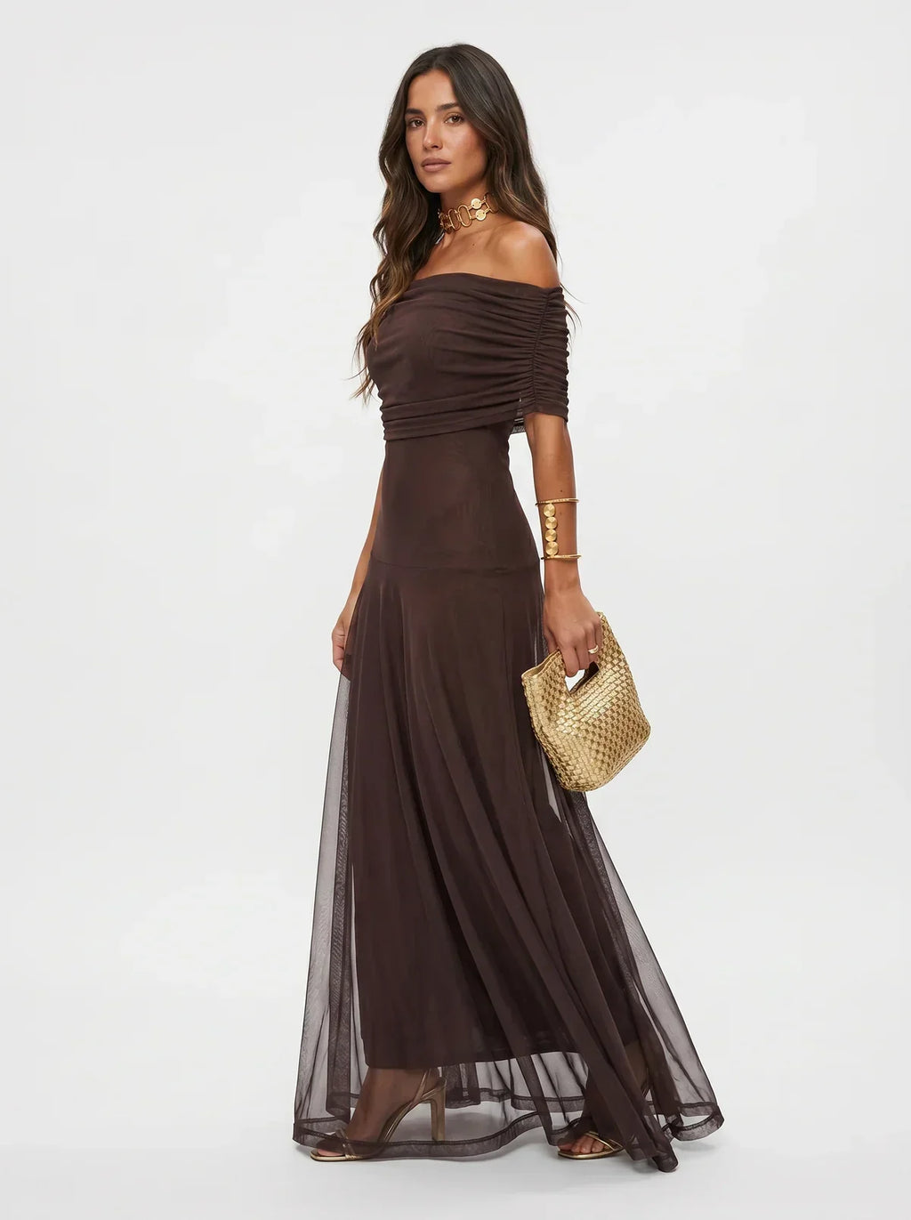 Damen Langkleid Lina – Drapierung, schulterfreier Ausschnitt