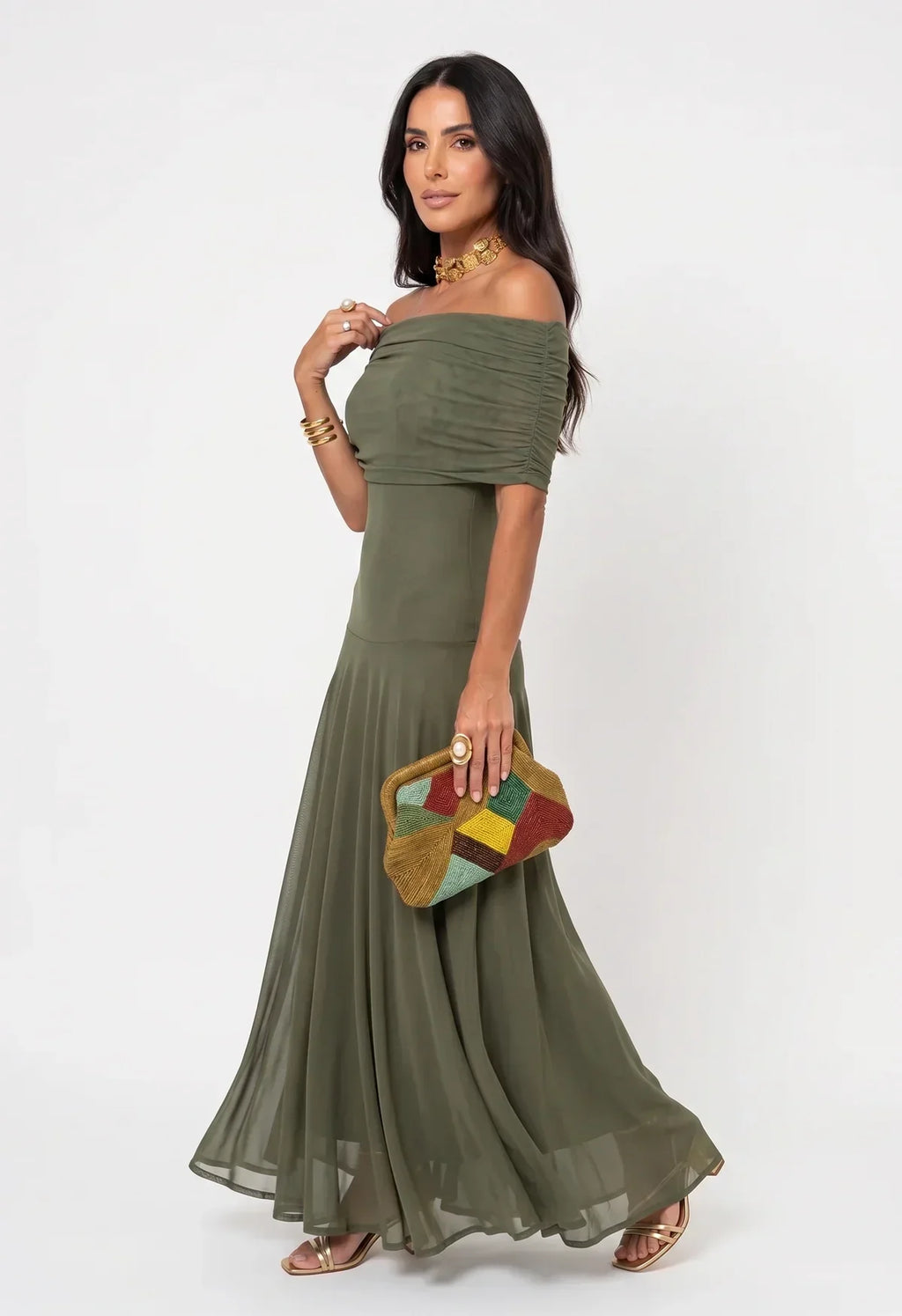 Damen Langkleid Lina – Drapierung, schulterfreier Ausschnitt