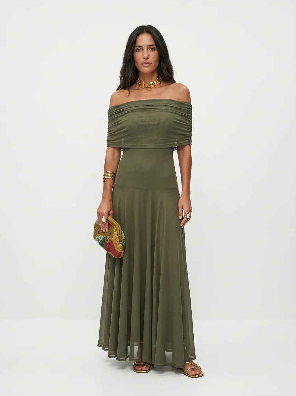 Damen Langkleid Lina – Drapierung, schulterfreier Ausschnitt