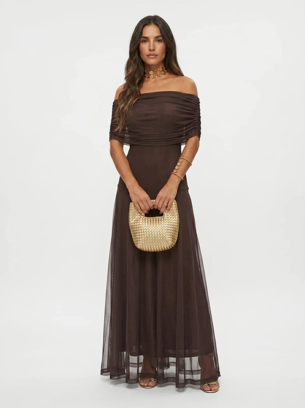 Damen Langkleid Lina – Drapierung, schulterfreier Ausschnitt