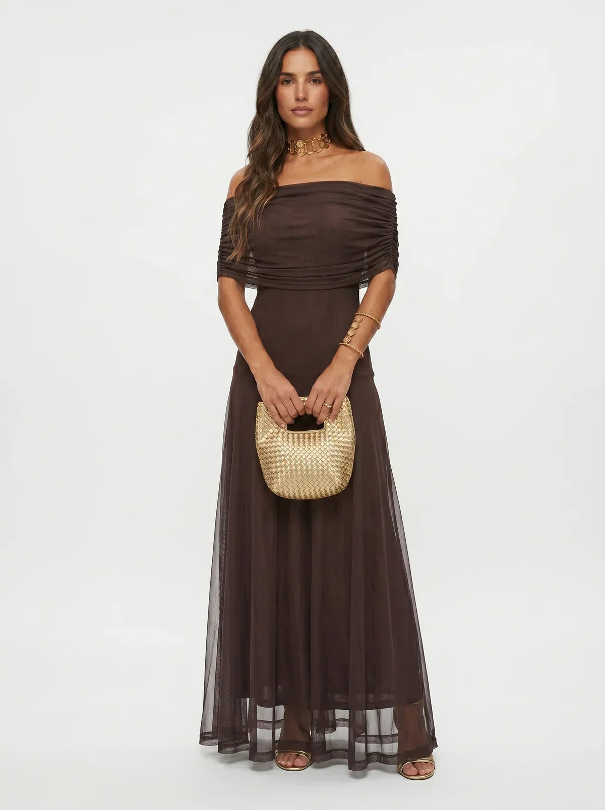 Damen Langkleid Lina – Drapierung, schulterfreier Ausschnitt