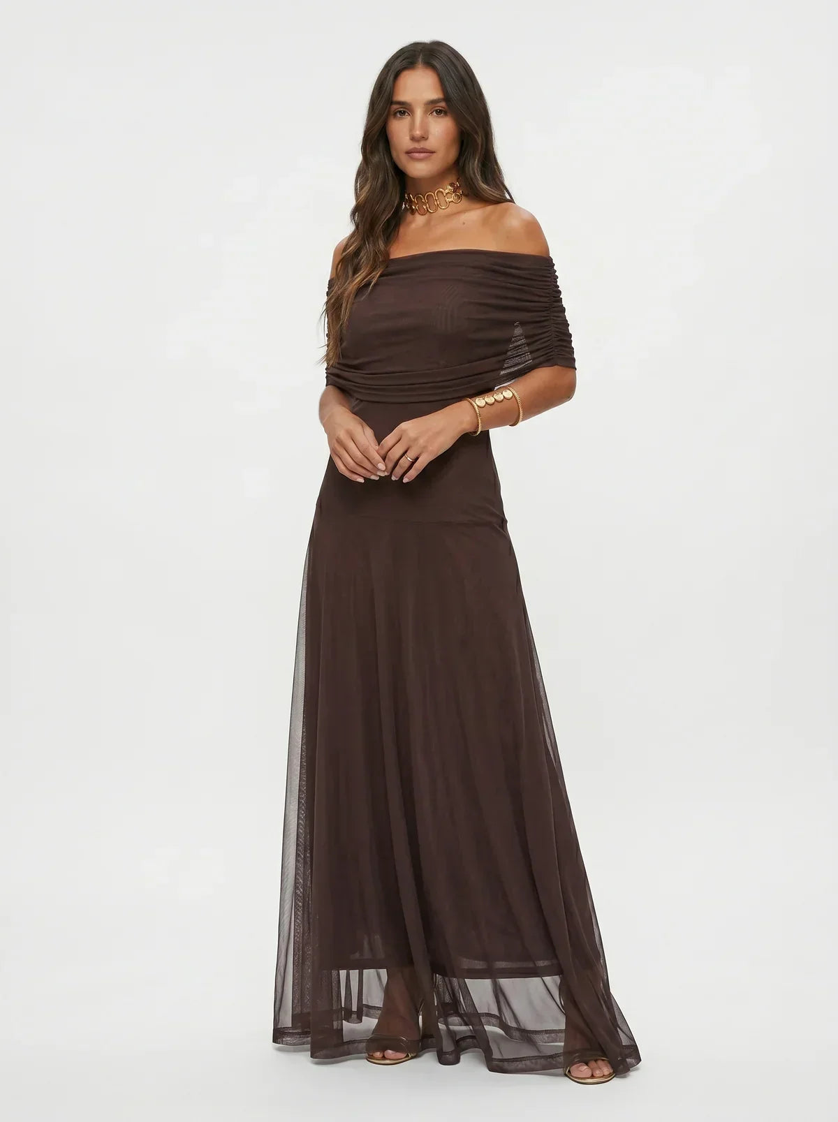Damen Langkleid Lina – Drapierung, schulterfreier Ausschnitt