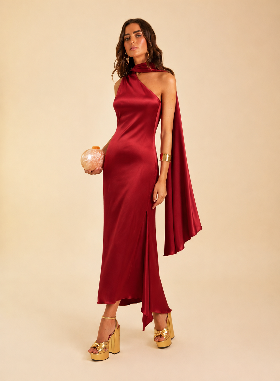 Damen Midikleid Rot – Asymmetrischer Schnitt mit Schleife