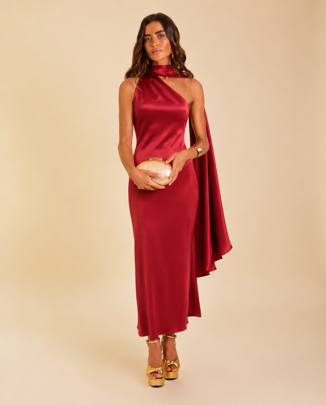 Damen Midikleid Rot – Asymmetrischer Schnitt mit Schleife