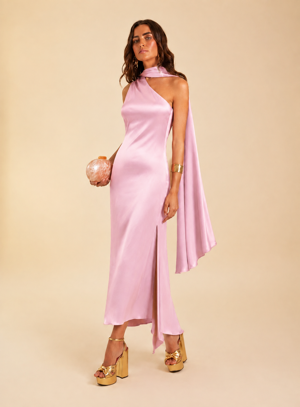 Damen Midikleid Emma – Asymmetrisch Satin mit Schleife