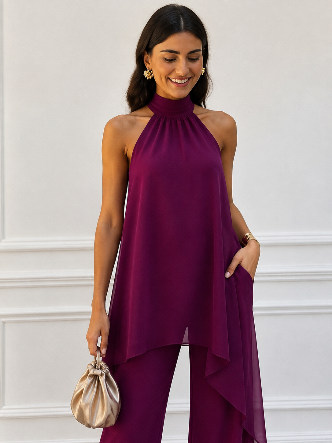 Damen Jumpsuit Mila – Schulterfreier Schnitt mit Chiffon-Cape