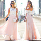 Vestido largo rosa de encaje para invitada de boda