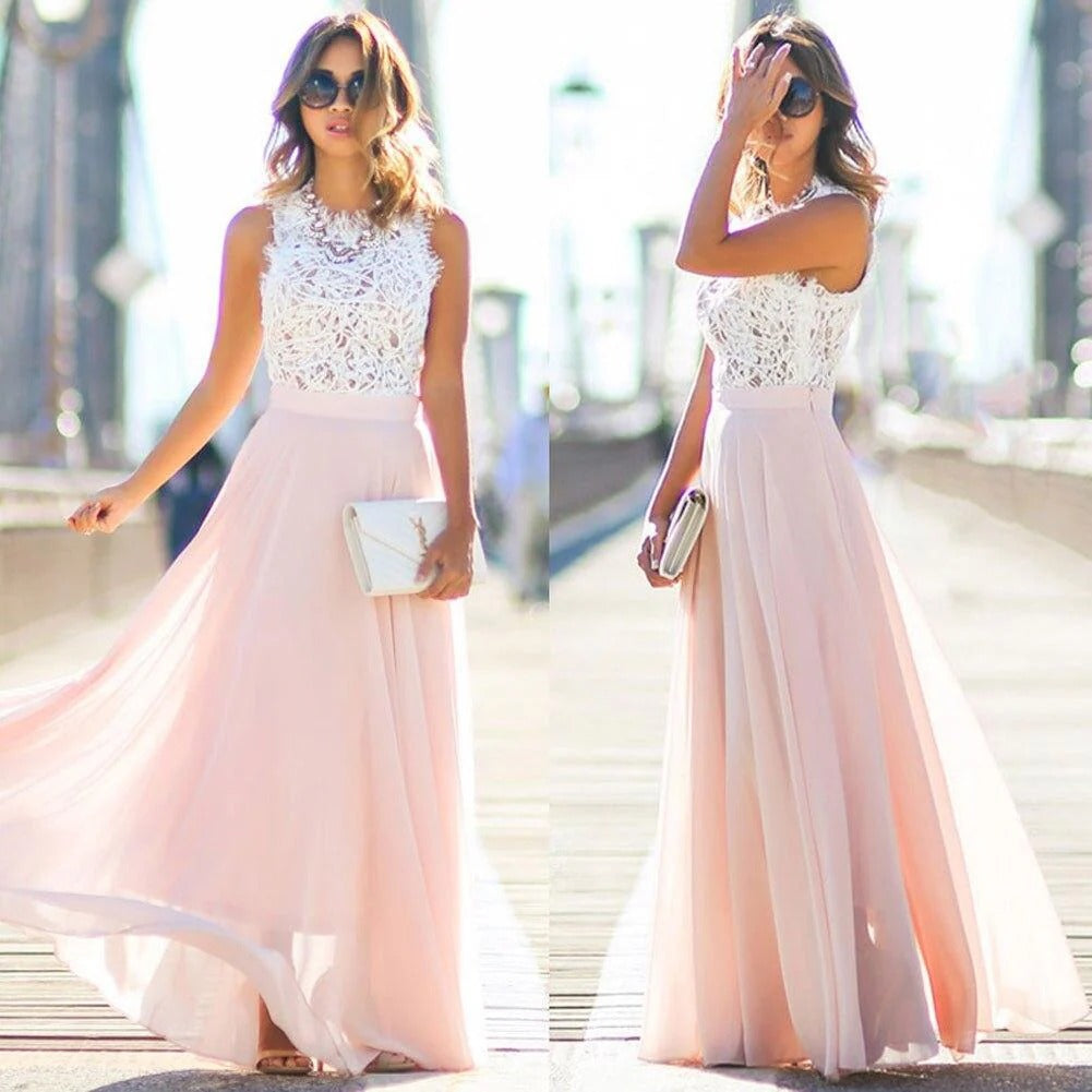Vestido largo rosa de encaje para invitada de boda