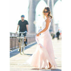 Vestido largo de encaje rosa mujer con malla y cintura entallada