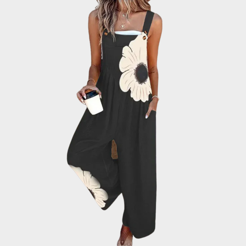 Damen Trägerkleid Lena – Schwarz mit Gänseblümchen, Locker & Bequem