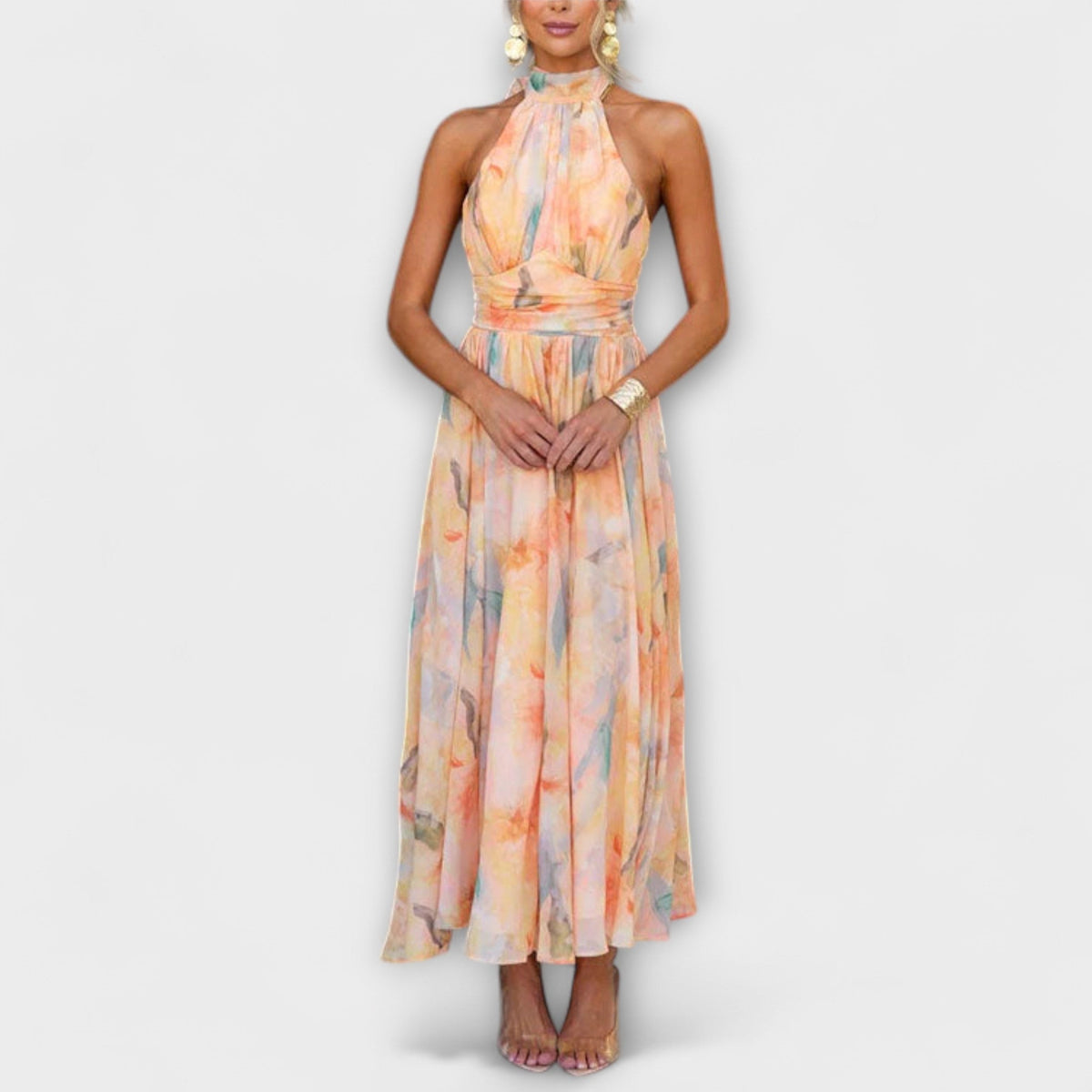 Damen Maxikleid Sophia – Aquarell-Druck, Trägerkragen elegant