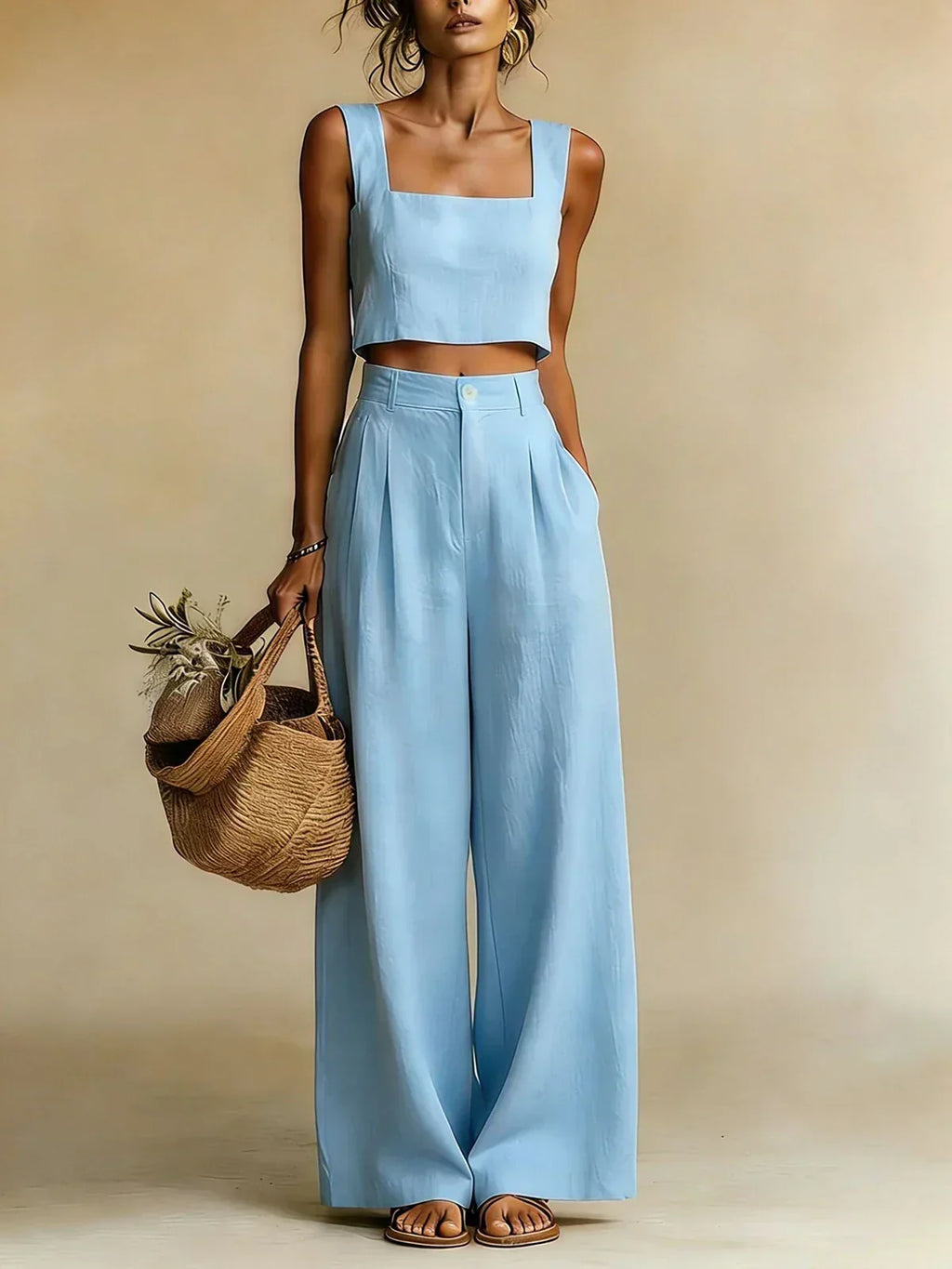 Damen Zweiteiler Greta – Fluidtop & Palazzo-Hose in breiter Form