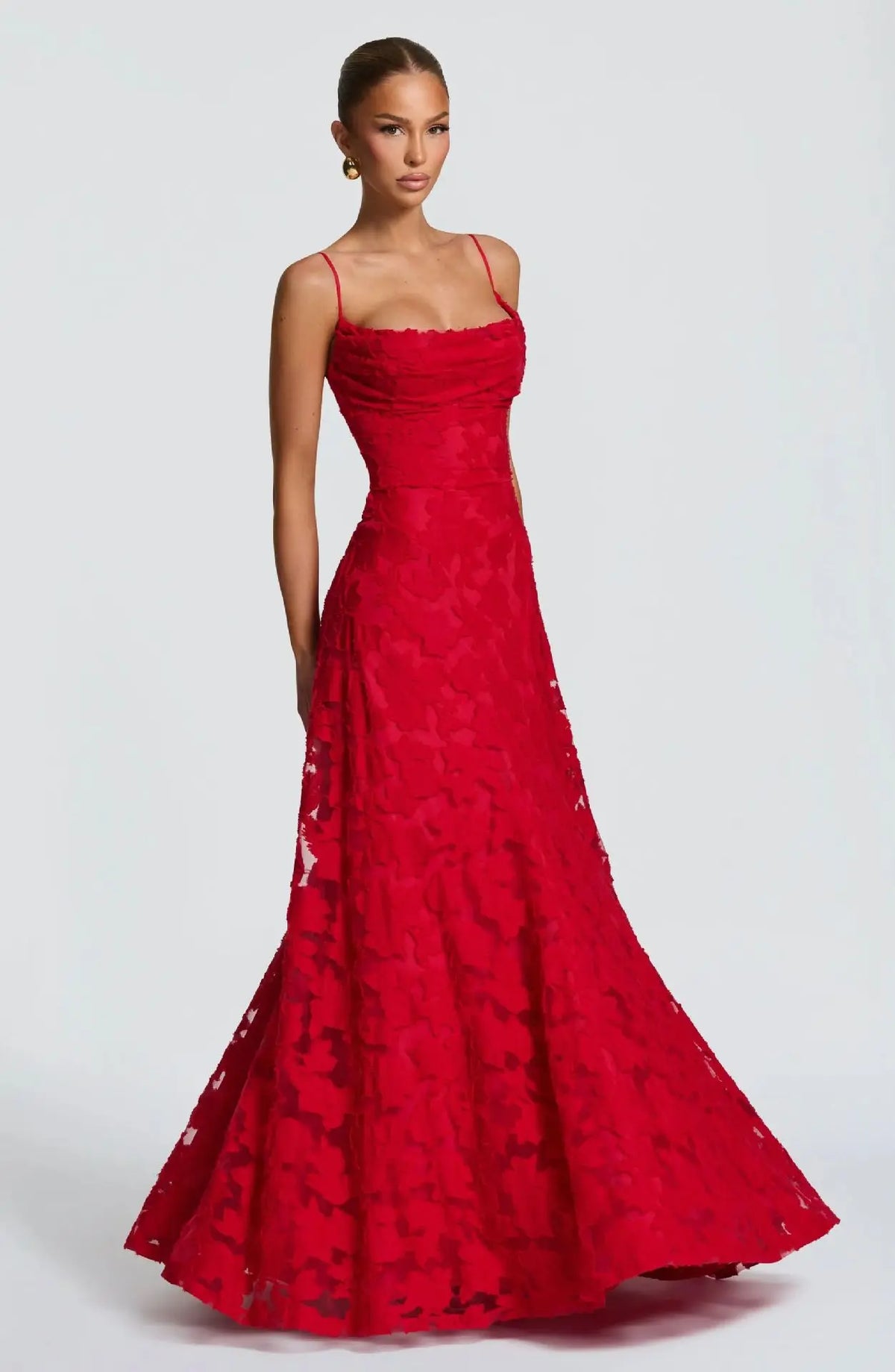 Damen Abendkleid Emma – Florales Muster, Spaghettiträger, Schnürung am Rücken