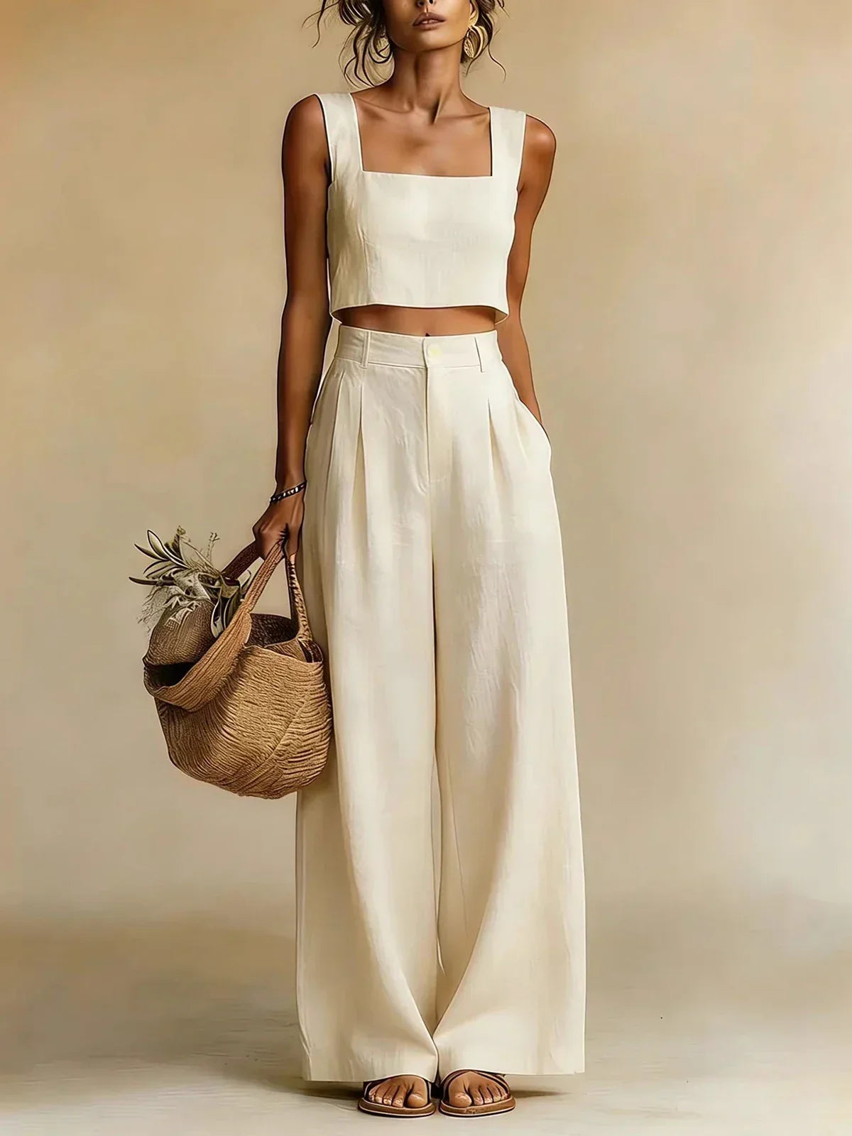 Damen Zweiteiler Greta – Fluidtop & Palazzo-Hose in breiter Form