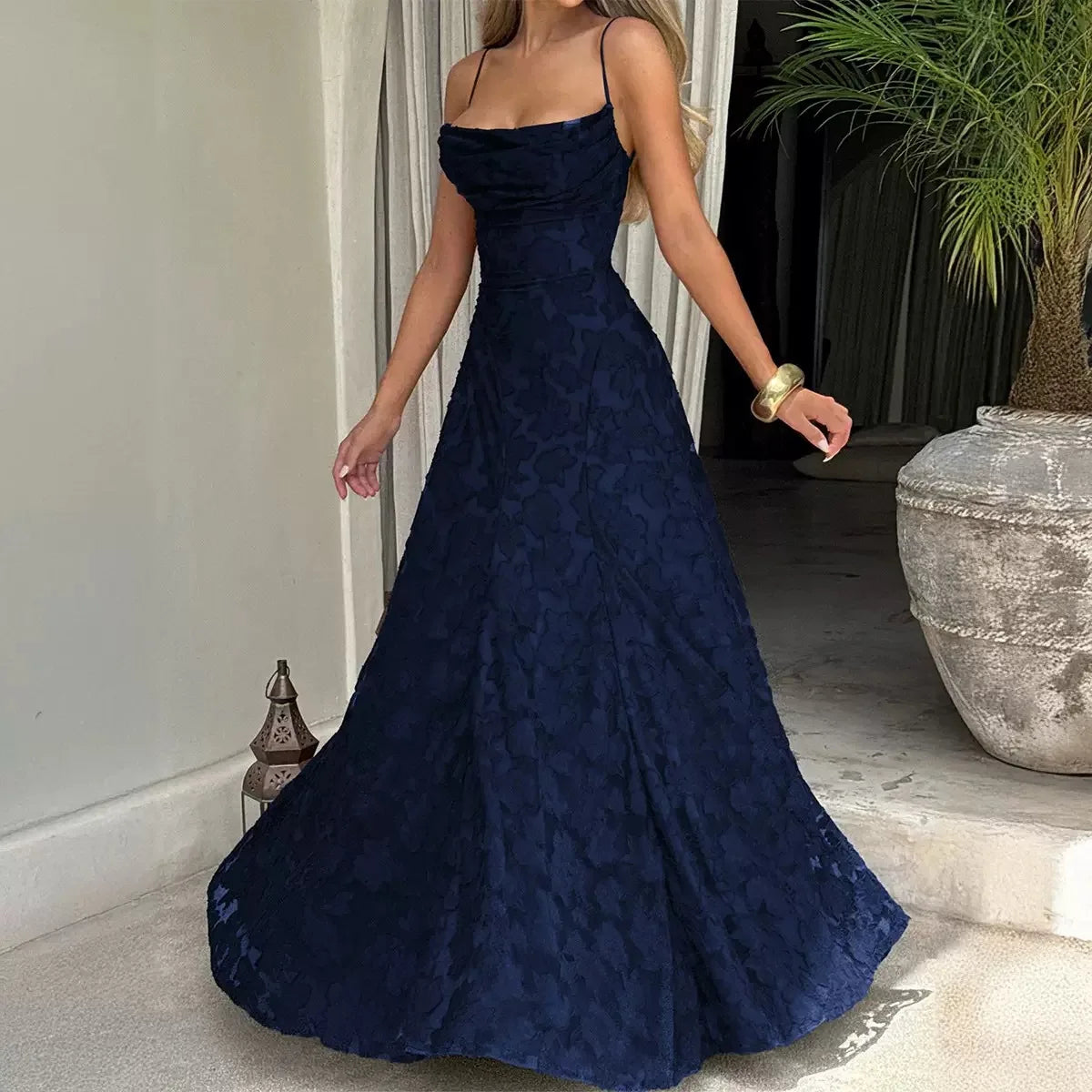 Damen Abendkleid Emma – Florales Muster, Spaghettiträger, Schnürung am Rücken