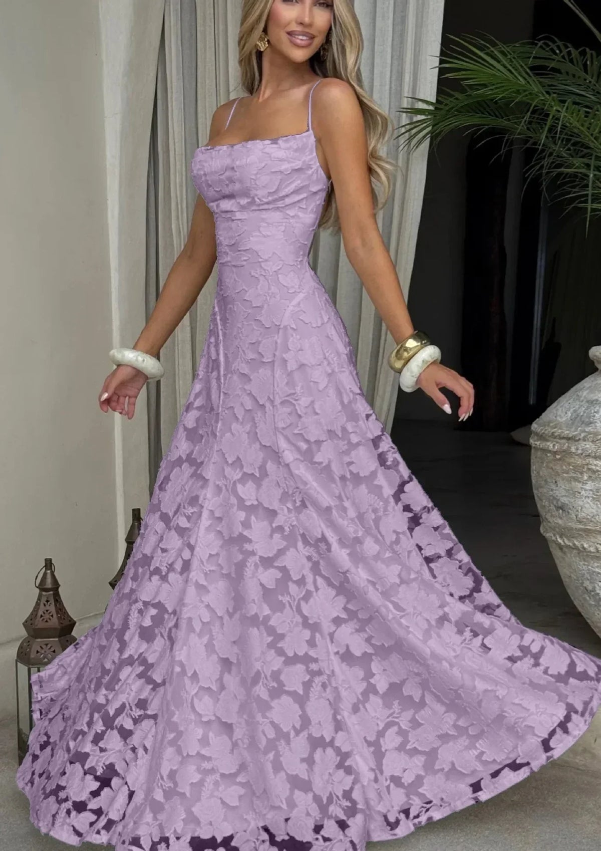 Damen Abendkleid Emma – Florales Muster, Spaghettiträger, Schnürung am Rücken