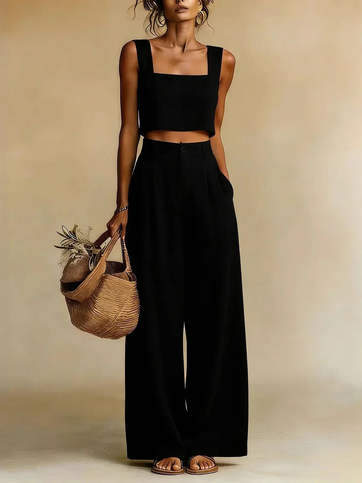 Damen Zweiteiler Greta – Fluidtop & Palazzo-Hose in breiter Form