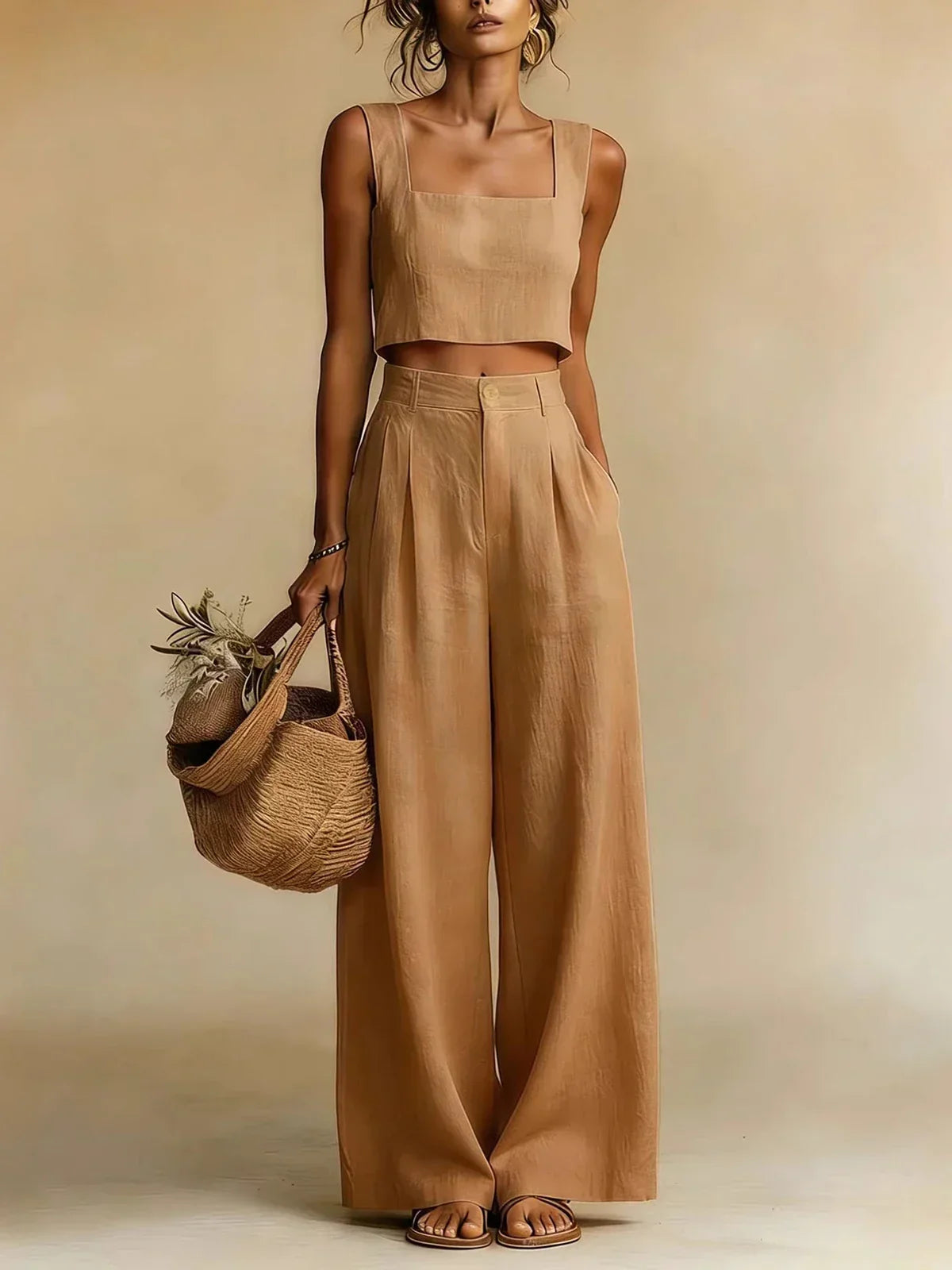 Damen Zweiteiler Greta – Fluidtop & Palazzo-Hose in breiter Form
