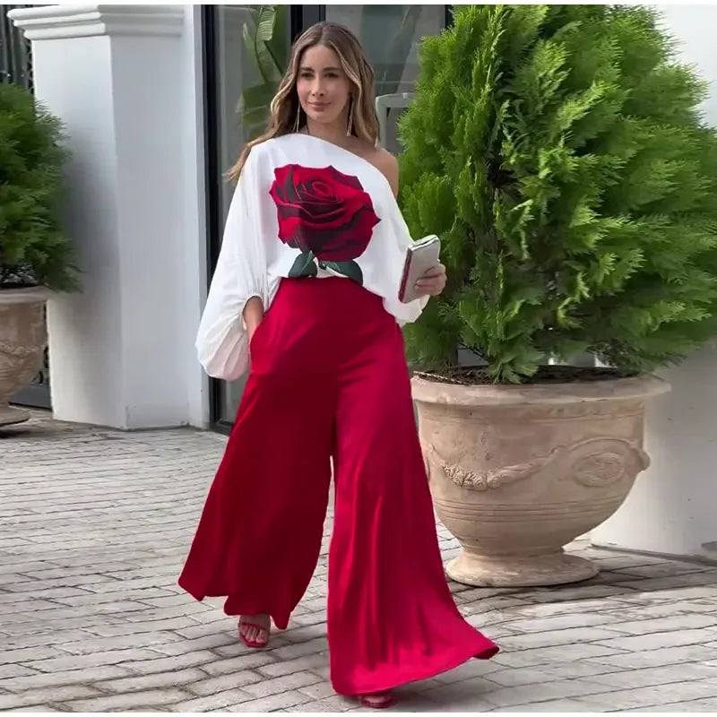 Damen Set Emma – Bluse mit Rosendruck und Palazzohose