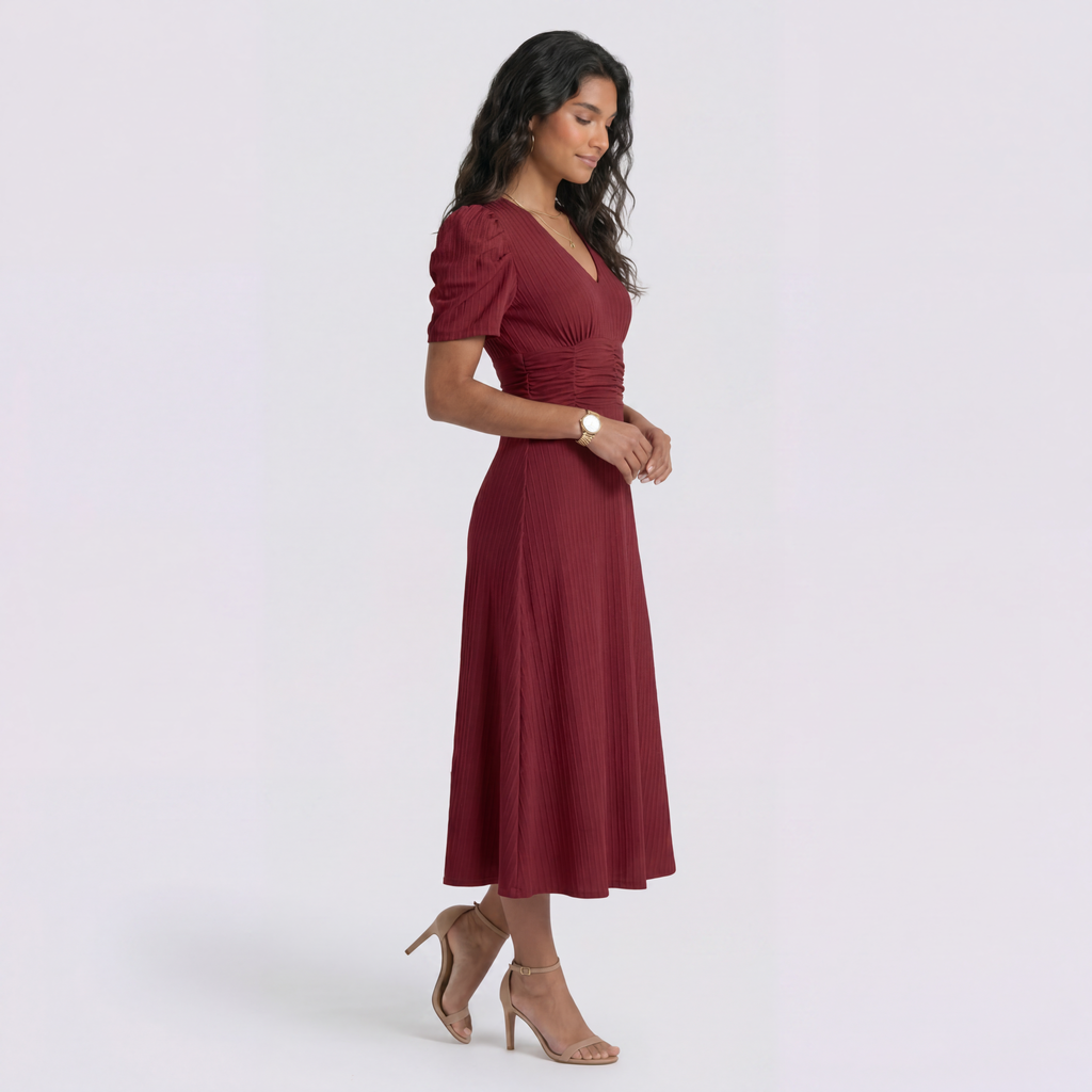 Damen Midi-Kleid Emma – V-Ausschnitt, Hochbund, Raffung